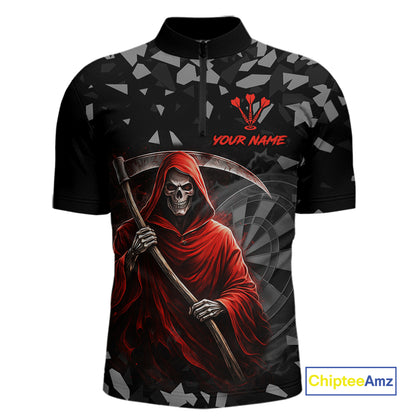 Red Grim Reaper Smoke Dartboard Custom Grunge Men Darts 1/4-Zip Shirt Darts Team Jersey NYN2719