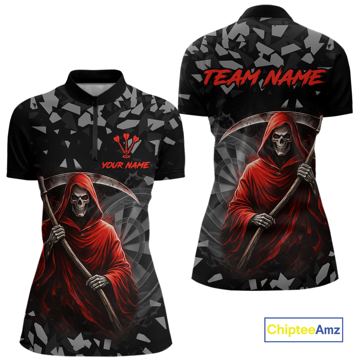 Red Grim Reaper Smoke Dartboard Custom Grunge Women Darts 1/4-Zip Shirt Darts Team Jersey NYN2719
