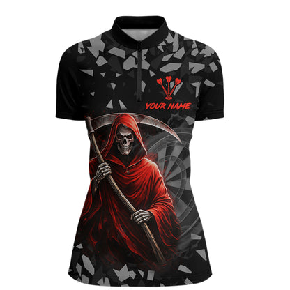 Red Grim Reaper Smoke Dartboard Custom Grunge Women Darts 1/4-Zip Shirt Darts Team Jersey NYN2719