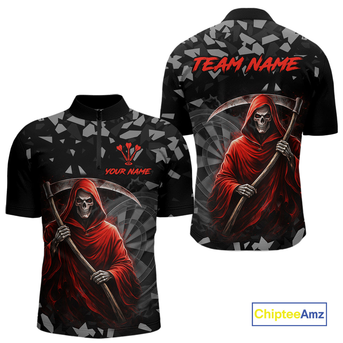 Red Grim Reaper Smoke Dartboard Custom Grunge Men Darts 1/4-Zip Shirt Darts Team Jersey NYN2719