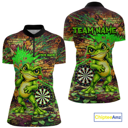 Personalized Funny Dart Shirt Cartoon Frog Dartboard Polo Quarter Zip Shirt Custom Team Shirt For Women NYN2858