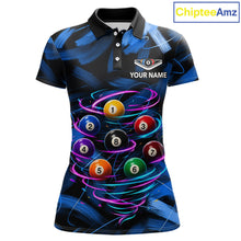 Load image into Gallery viewer, Neon Blue Light billiard ball women's billiard polo shirt custom brush paint pool jersey, personalized billiards apparel