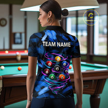 Load image into Gallery viewer, Female billiards player wearing Neon Blue Light billiard ball jersey during pool league competition and cue sports event