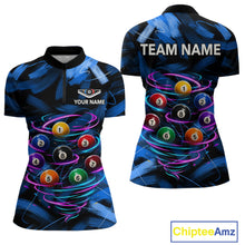 Load image into Gallery viewer, Neon Blue Light billiard ball women's quarter zip pool shirt custom billiard team jersey, tournament billiards uniform