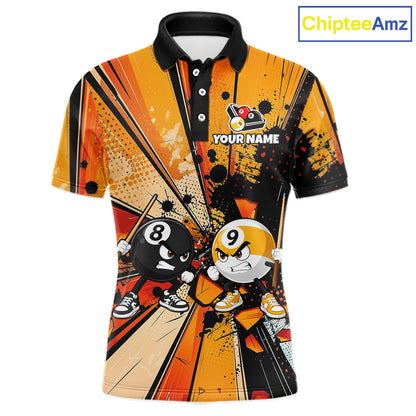 Funny 8 Ball & 9 Ball Billiard Polo featuring personalized player name, custom pool graphics, breathable tournament jersey, league-ready cue sports apparel, humorous sportswear.