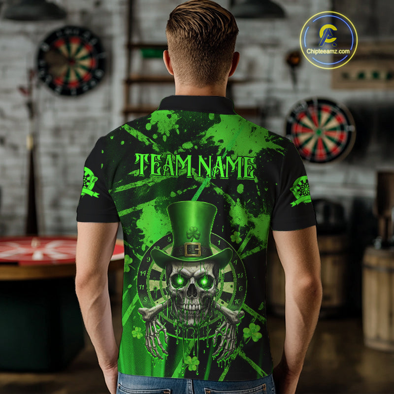 Custom Green Grunge St Patricks Day Men Darts Polo Shirt Skull Leprechaun Darts Jersey NYN1971