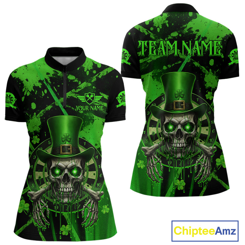Custom Green Grunge St Patricks Day Women Darts Quarter-Zip Shirt Skull Leprechaun Darts Jersey NYN1971