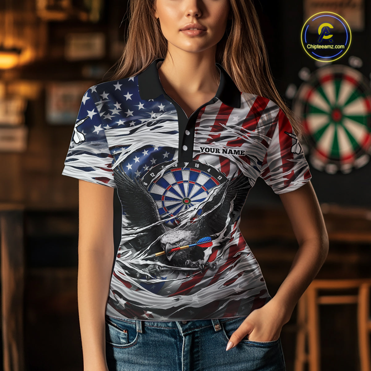 Eagle Plays Dart Arrow Freedom Patriotic Darts Polo Shirt Personalized US Flag Women Dart Jerseys NYN2519