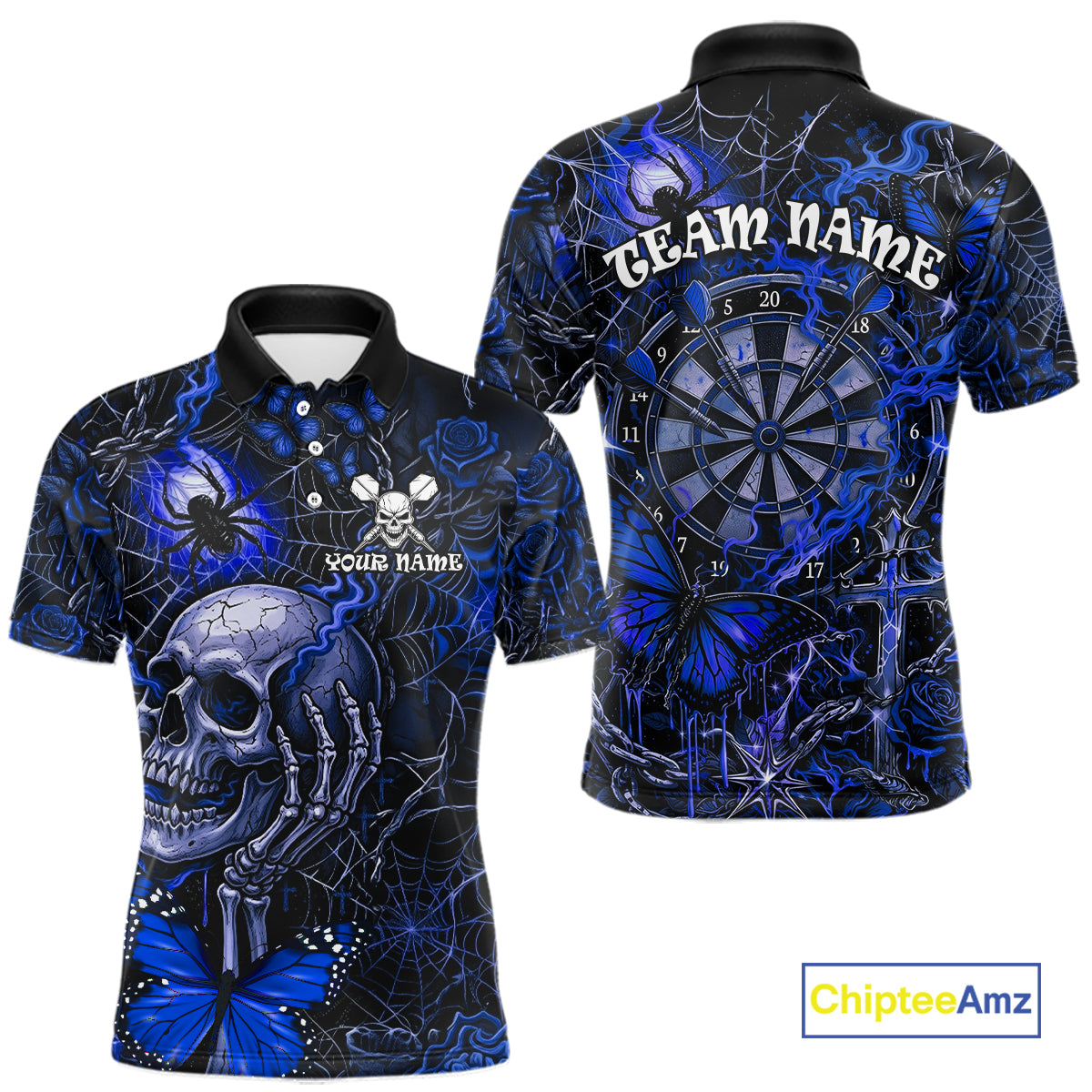 Custom Blue Skull Butterfly Mens Dart Shirts Spider Smoke Dartboard Darts Polo & 1/4-Zip Jerseys NYN3077