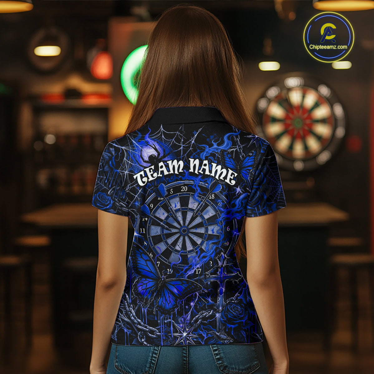 Custom Blue Skull Butterfly Women Dart Shirts Spider Smoke Dartboard Darts Polo & 1/4-Zip Jerseys NYN3077
