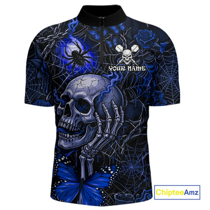 Custom Blue Skull Butterfly Mens Dart Shirts Spider Smoke Dartboard Darts Polo & 1/4-Zip Jerseys NYN3077