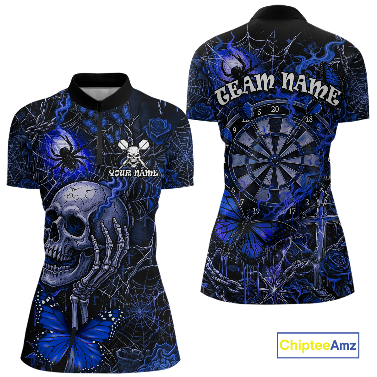Custom Blue Skull Butterfly Women Dart Shirts Spider Smoke Dartboard Darts Polo & 1/4-Zip Jerseys NYN3077