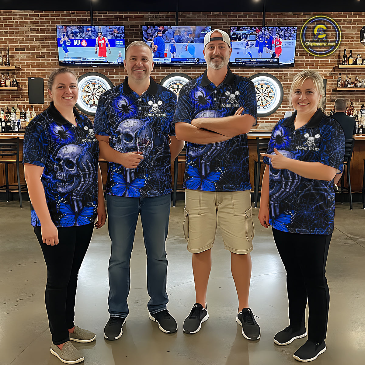 Custom Blue Skull Butterfly Women Dart Shirts Spider Smoke Dartboard Darts Polo & 1/4-Zip Jerseys NYN3077
