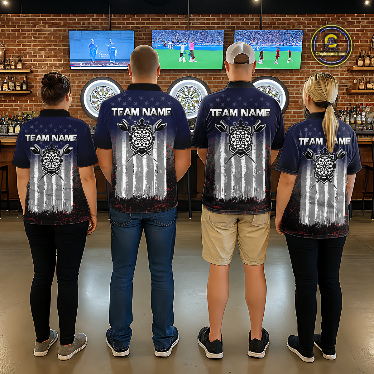 Gray, Blue And Red Grunge US Flag Darts Polo & 1/4-Zip Shirt Custom Patriotic Dart Jersey For Men NYN3081