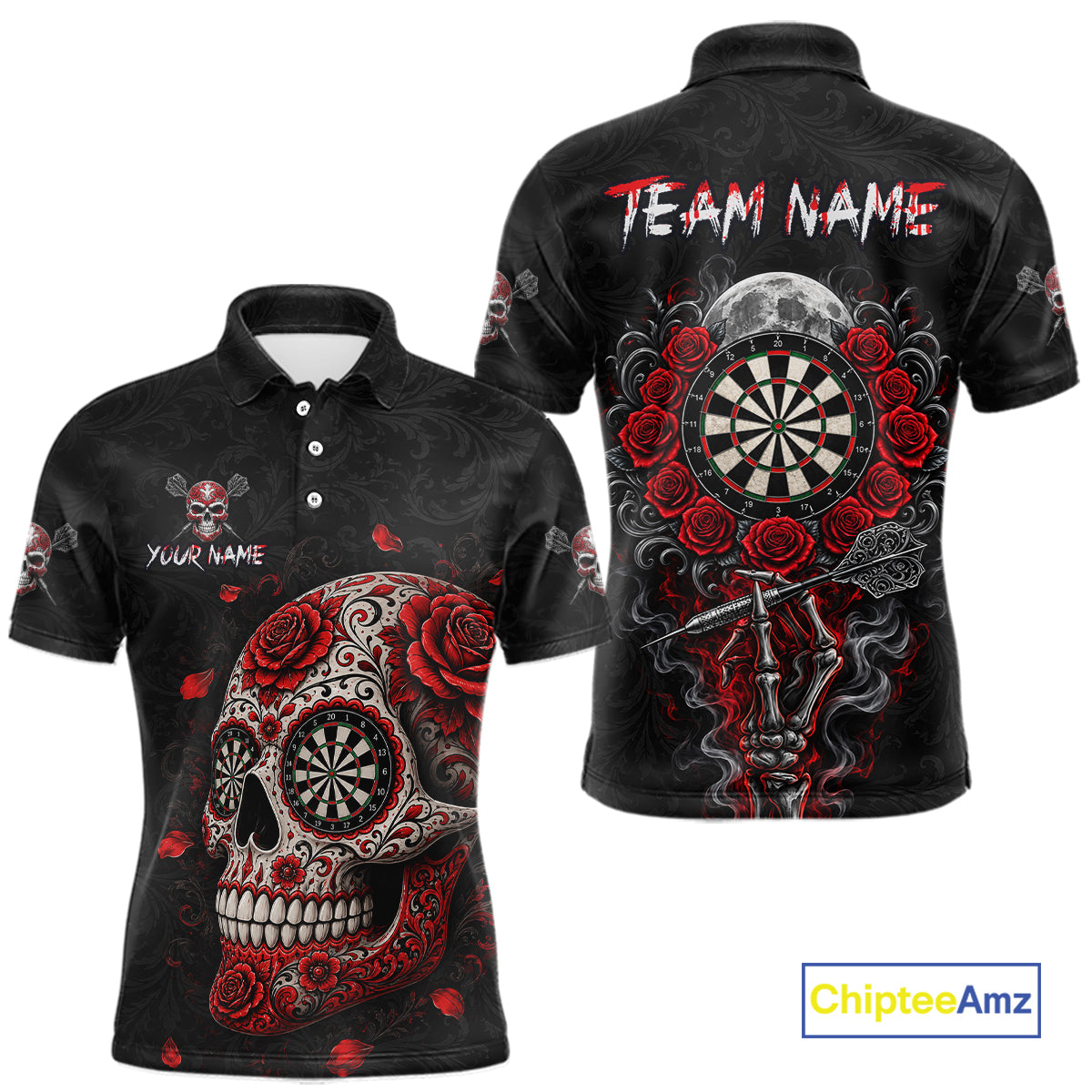 Red Sugar Skull Tattoo Custom Team Dart Polo Quarter-Zip Shirts Roses Skull Darts Jersey For Men NYN4146