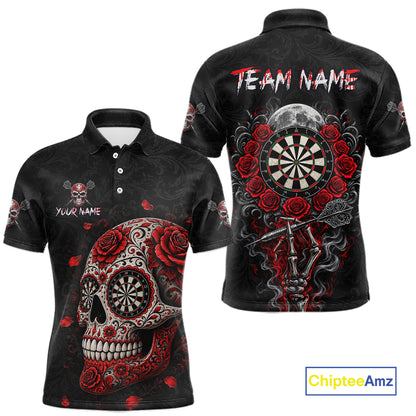 Red Sugar Skull Tattoo Custom Team Dart Polo Quarter-Zip Shirts Roses Skull Darts Jersey For Men NYN4146