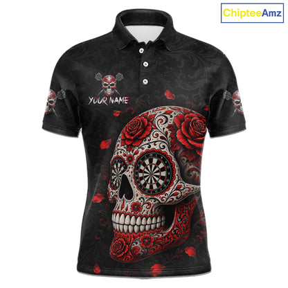 Red Sugar Skull Tattoo Custom Team Dart Polo Quarter-Zip Shirts Roses Skull Darts Jersey For Men NYN4146