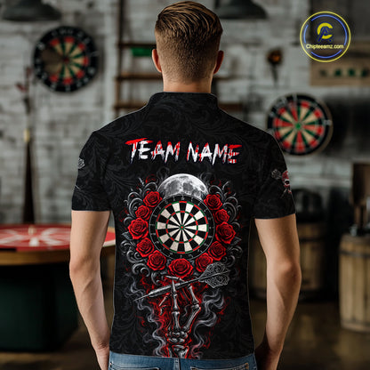 Red Sugar Skull Tattoo Custom Team Dart Polo Quarter-Zip Shirts Roses Skull Darts Jersey For Men NYN4146