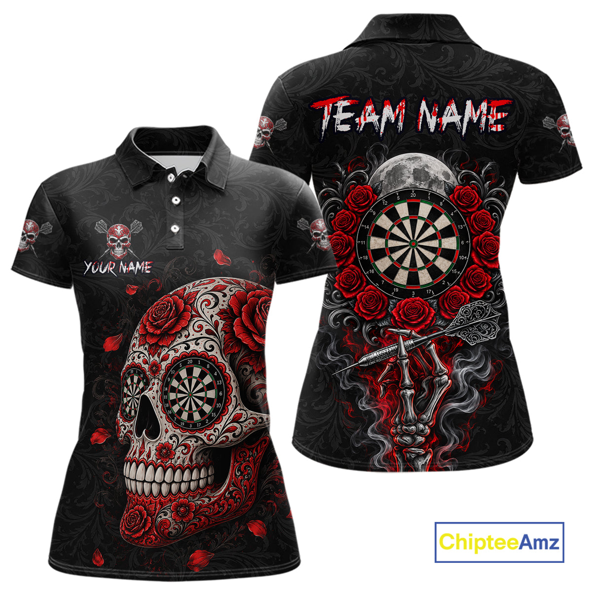 Red Sugar Skull Tattoo Custom Team Dart Polo Quarter-Zip Shirts Roses Skull Darts Jersey For Women NYN4146
