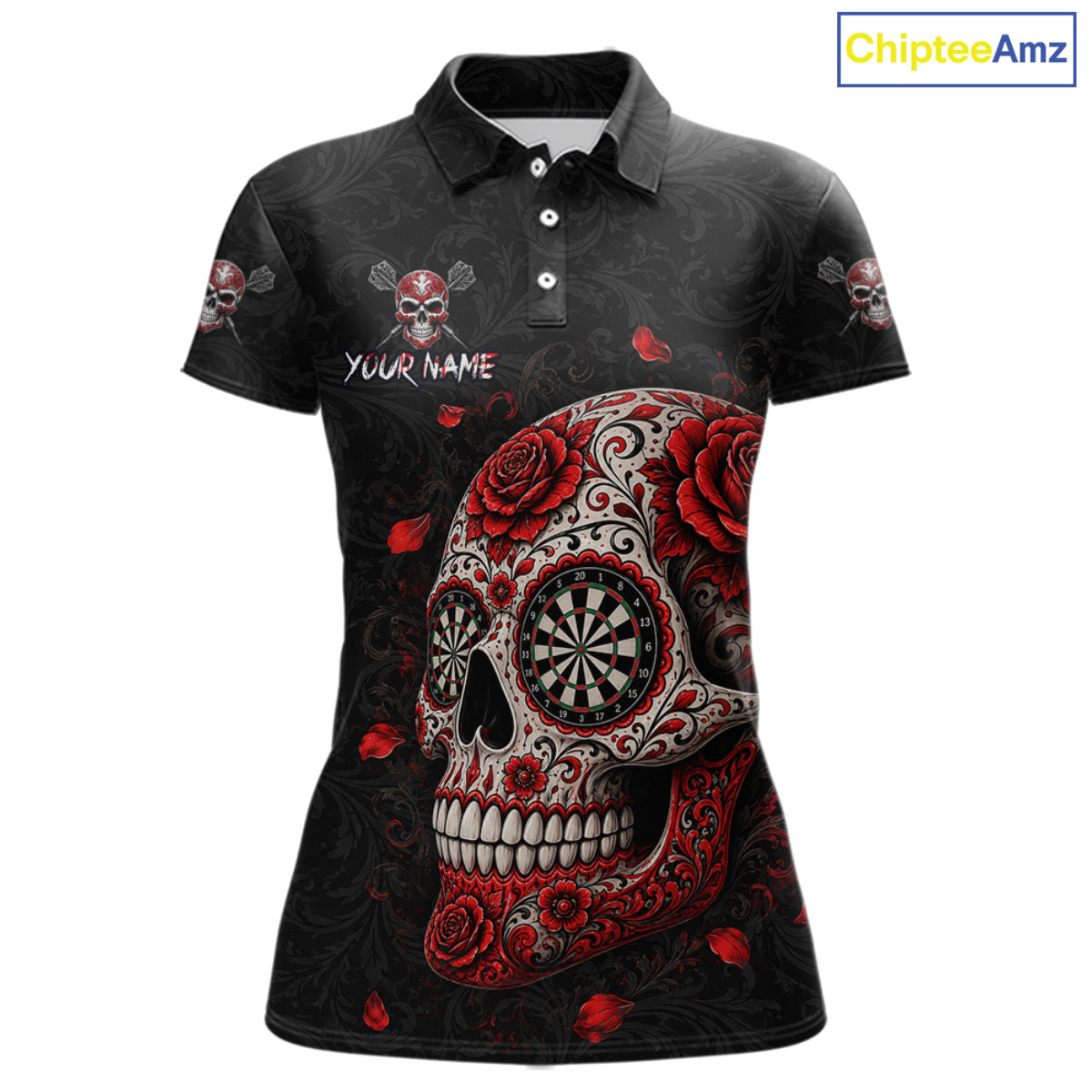 Red Sugar Skull Tattoo Custom Team Dart Polo Quarter-Zip Shirts Roses Skull Darts Jersey For Women NYN4146