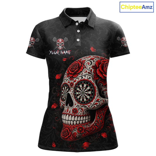 Red Sugar Skull Tattoo Custom Team Dart Polo Quarter-Zip Shirts Roses Skull Darts Jersey For Women NYN4146