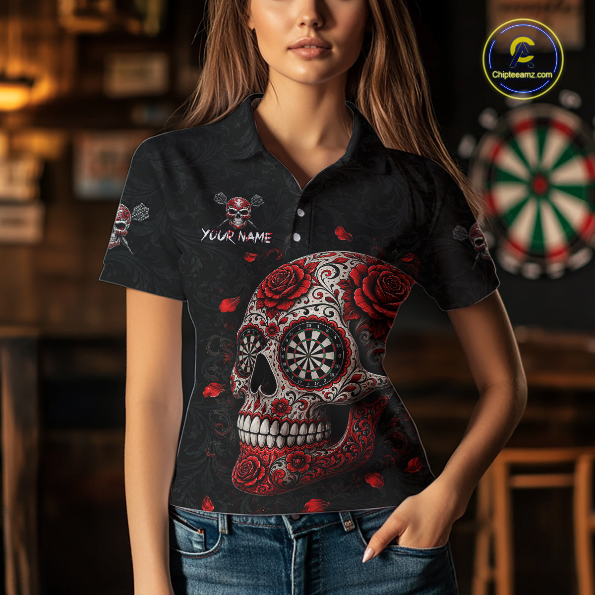 Red Sugar Skull Tattoo Custom Team Dart Polo Quarter-Zip Shirts Roses Skull Darts Jersey For Women NYN4146
