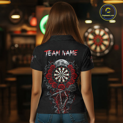 Red Sugar Skull Tattoo Custom Team Dart Polo Quarter-Zip Shirts Roses Skull Darts Jersey For Women NYN4146