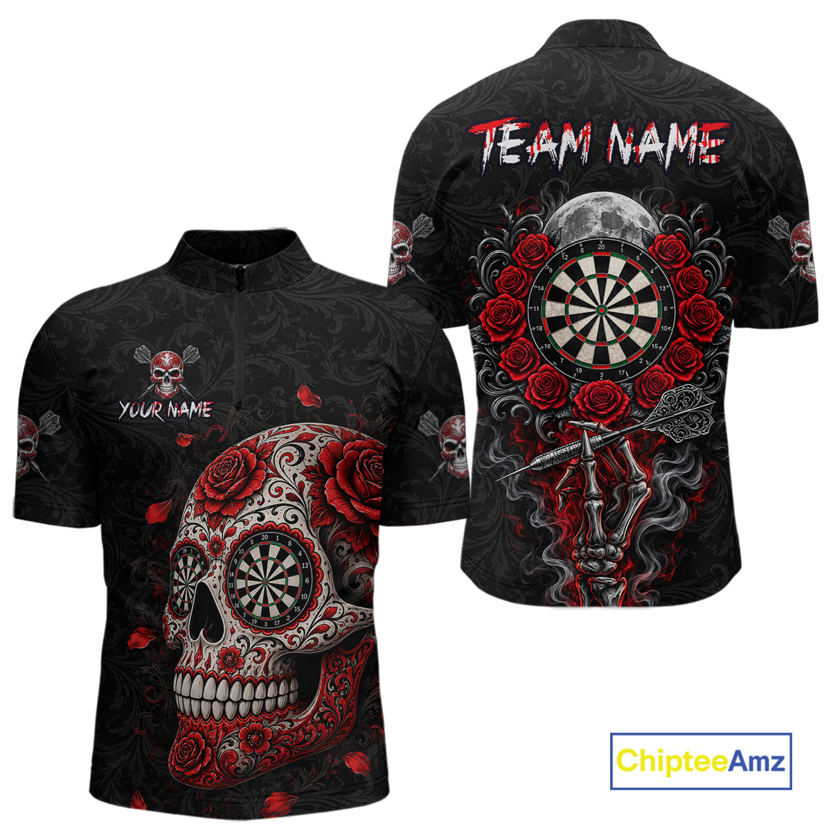 Red Sugar Skull Tattoo Custom Team Dart Polo Quarter-Zip Shirts Roses Skull Darts Jersey For Men NYN4146