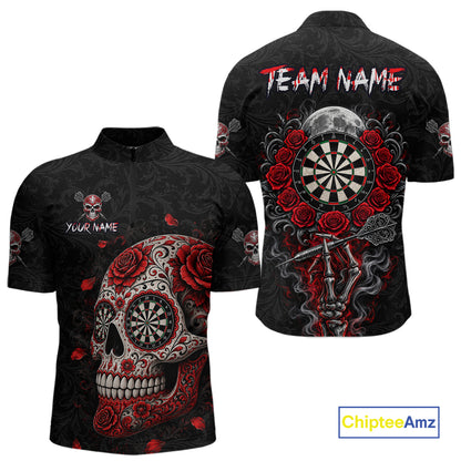 Red Sugar Skull Tattoo Custom Team Dart Polo Quarter-Zip Shirts Roses Skull Darts Jersey For Men NYN4146