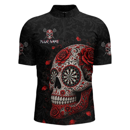 Red Sugar Skull Tattoo Custom Team Dart Polo Quarter-Zip Shirts Roses Skull Darts Jersey For Men NYN4146