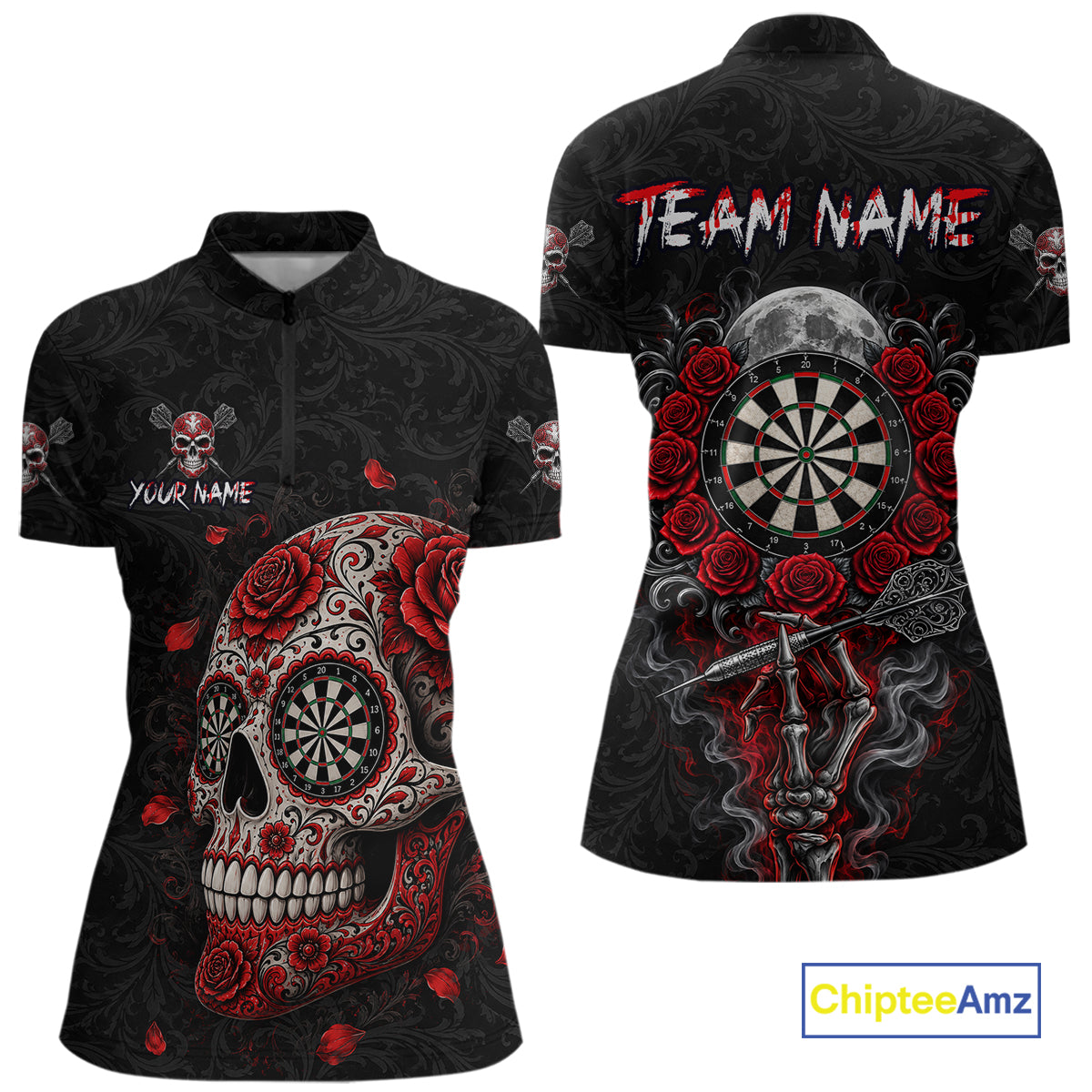Red Sugar Skull Tattoo Custom Team Dart Polo Quarter-Zip Shirts Roses Skull Darts Jersey For Women NYN4146