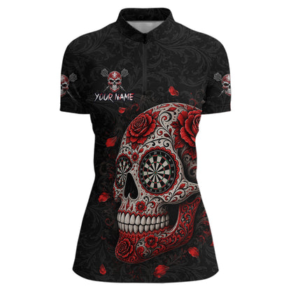Red Sugar Skull Tattoo Custom Team Dart Polo Quarter-Zip Shirts Roses Skull Darts Jersey For Women NYN4146