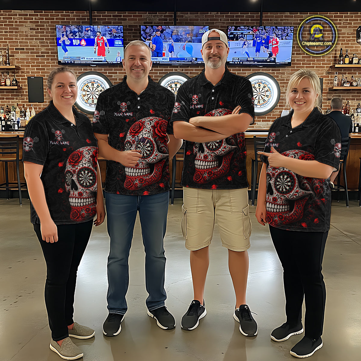 Red Sugar Skull Tattoo Custom Team Dart Polo Quarter-Zip Shirts Roses Skull Darts Jersey For Women NYN4146