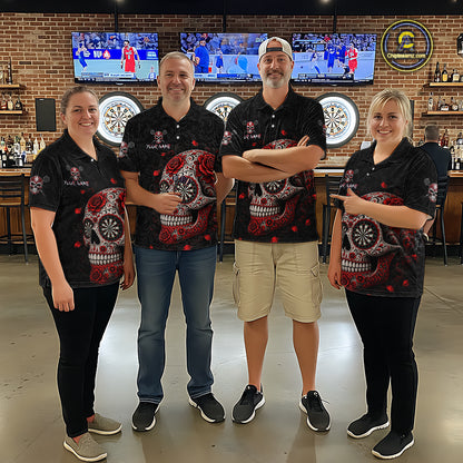 Red Sugar Skull Tattoo Custom Team Dart Polo Quarter-Zip Shirts Roses Skull Darts Jersey For Women NYN4146
