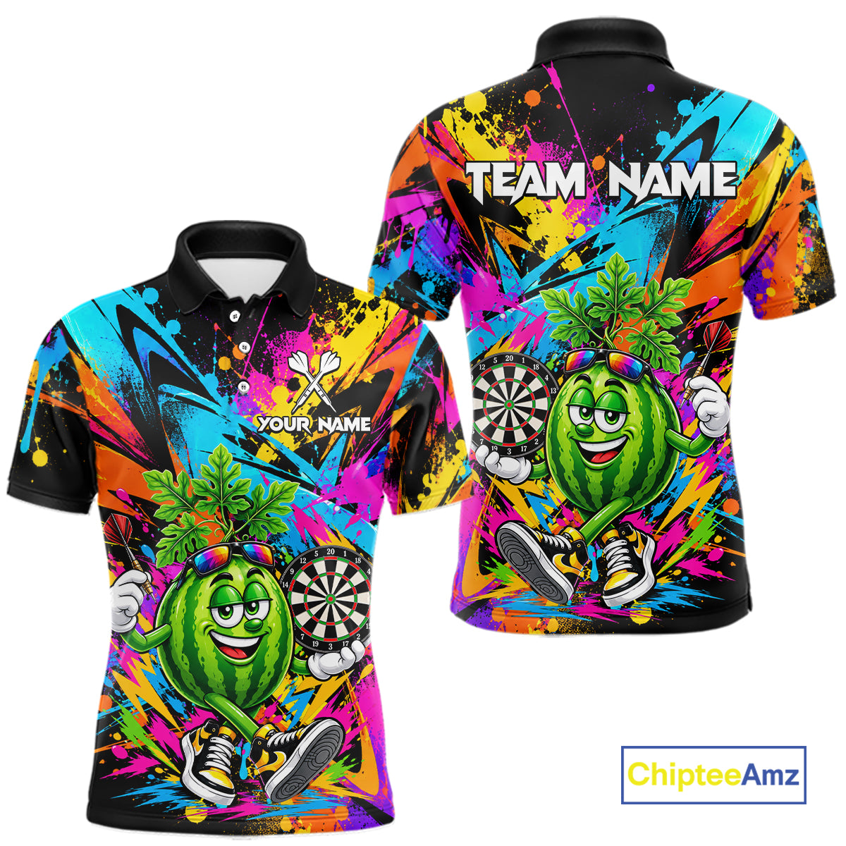 Splatter Watermelon Darts Polo Quarter-Zip Shirt For Men Custom Colorful Funny Darts Tournament Jersey NYN4900