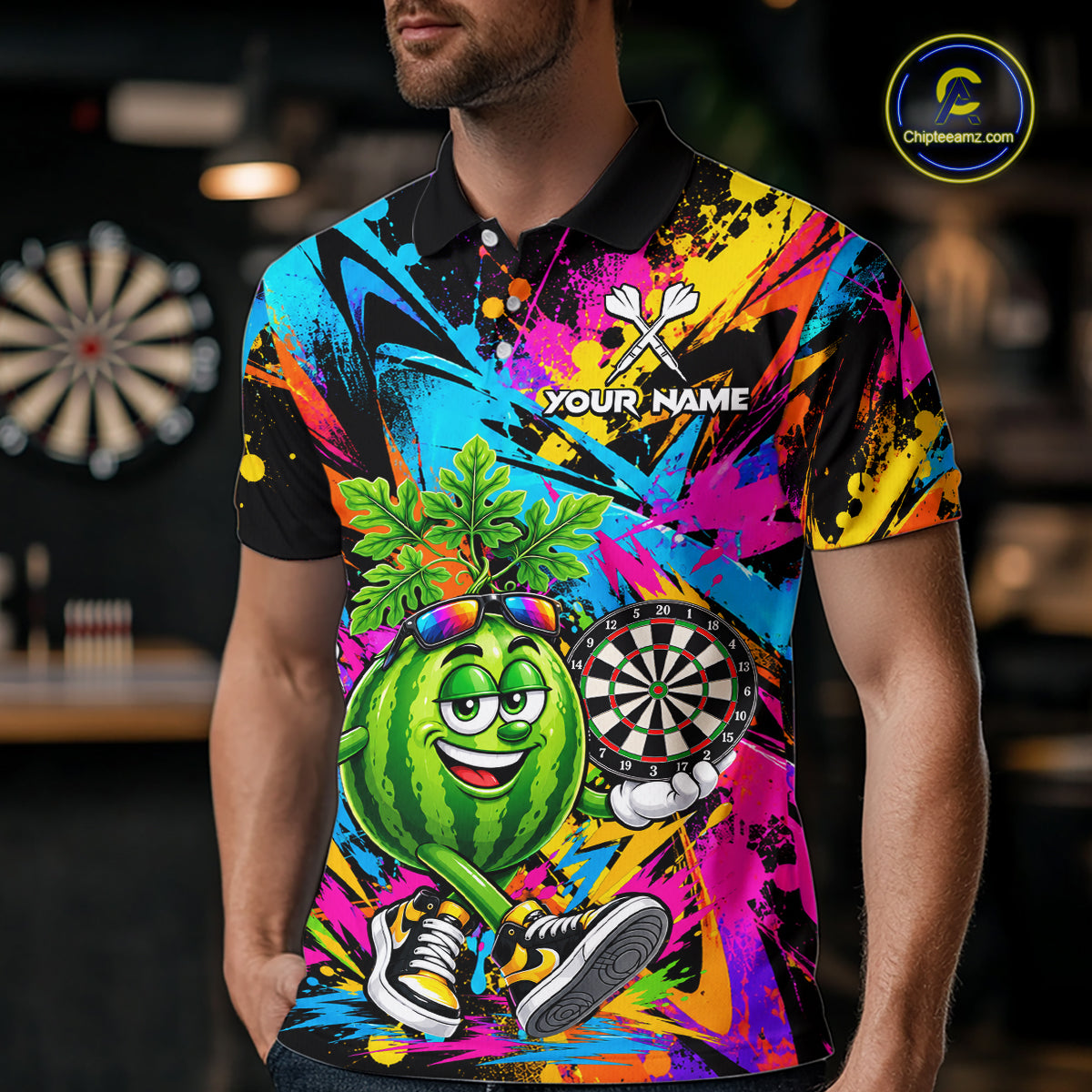 Splatter Watermelon Darts Polo Quarter-Zip Shirt For Men Custom Colorful Funny Darts Tournament Jersey NYN4900