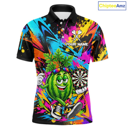 Splatter Watermelon Darts Polo Quarter-Zip Shirt For Men Custom Colorful Funny Darts Tournament Jersey NYN4900