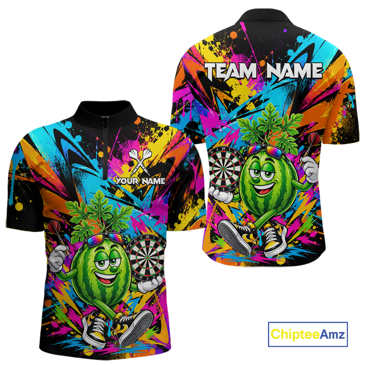 Splatter Watermelon Darts Polo Quarter-Zip Shirt For Men Custom Colorful Funny Darts Tournament Jersey NYN4900