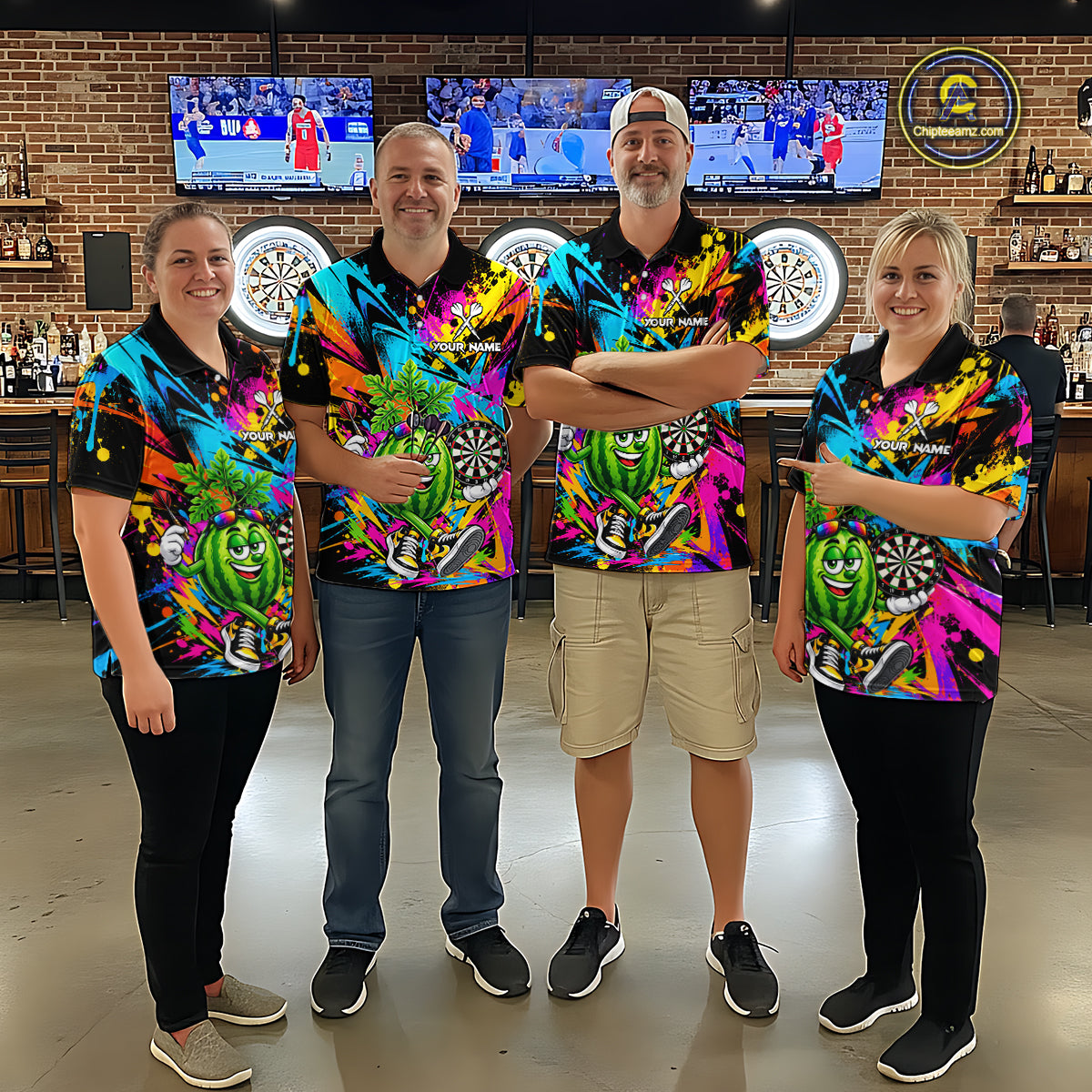 Splatter Watermelon Darts Polo Quarter-Zip Shirt For Men Custom Colorful Funny Darts Tournament Jersey NYN4900