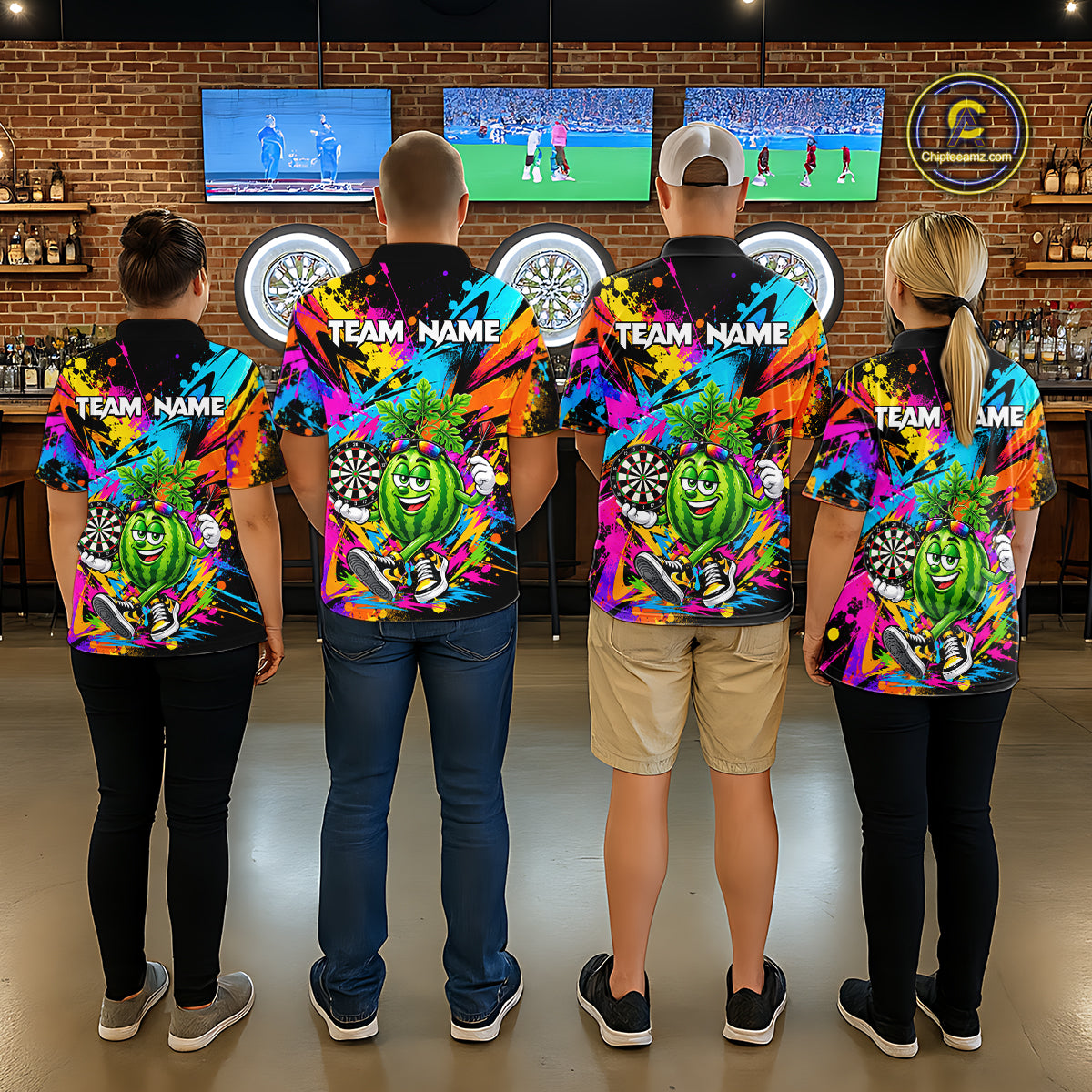Splatter Watermelon Darts Polo Quarter-Zip Shirt For Men Custom Colorful Funny Darts Tournament Jersey NYN4900