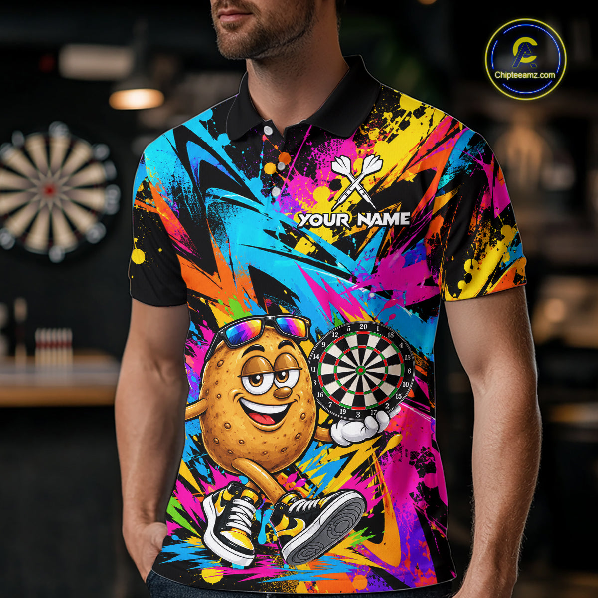 Splatter Potato Darts Polo Quarter-Zip Shirt For Men Custom Colorful Funny Darts Tournament Jersey NYN4901