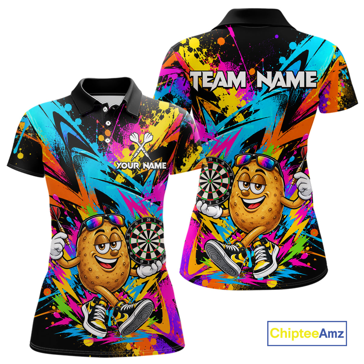 Splatter Potato Darts Polo Quarter-Zip Shirt For Women Custom Colorful Funny Darts Tournament Jersey NYN4901