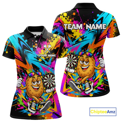 Splatter Potato Darts Polo Quarter-Zip Shirt For Women Custom Colorful Funny Darts Tournament Jersey NYN4901