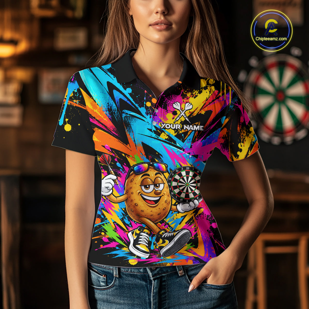 Splatter Potato Darts Polo Quarter-Zip Shirt For Women Custom Colorful Funny Darts Tournament Jersey NYN4901