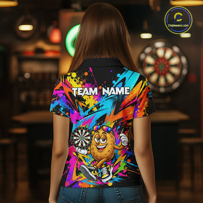 Splatter Potato Darts Polo Quarter-Zip Shirt For Women Custom Colorful Funny Darts Tournament Jersey NYN4901