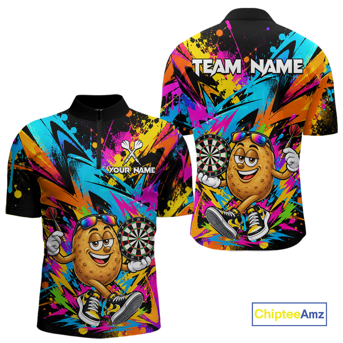 Splatter Potato Darts Polo Quarter-Zip Shirt For Men Custom Colorful Funny Darts Tournament Jersey NYN4901