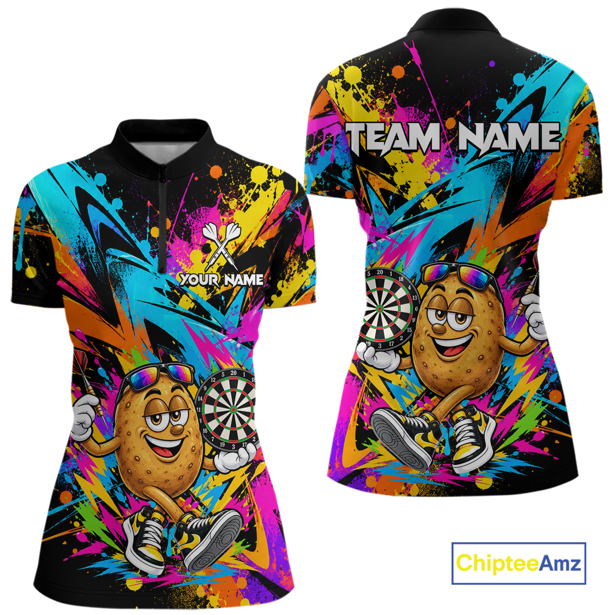 Splatter Potato Darts Polo Quarter-Zip Shirt For Women Custom Colorful Funny Darts Tournament Jersey NYN4901