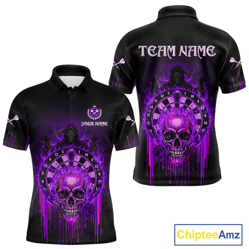 Custom Purple Flames Grim Reaper Dartboard Men Darts Polo Shirt Rose Skulls Darts Jersey NYN1976