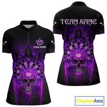 Load image into Gallery viewer, Custom Purple Flames Grim Reaper Dartboard Men Darts Polo Shirt Rose Skulls Darts Jersey NYN1976