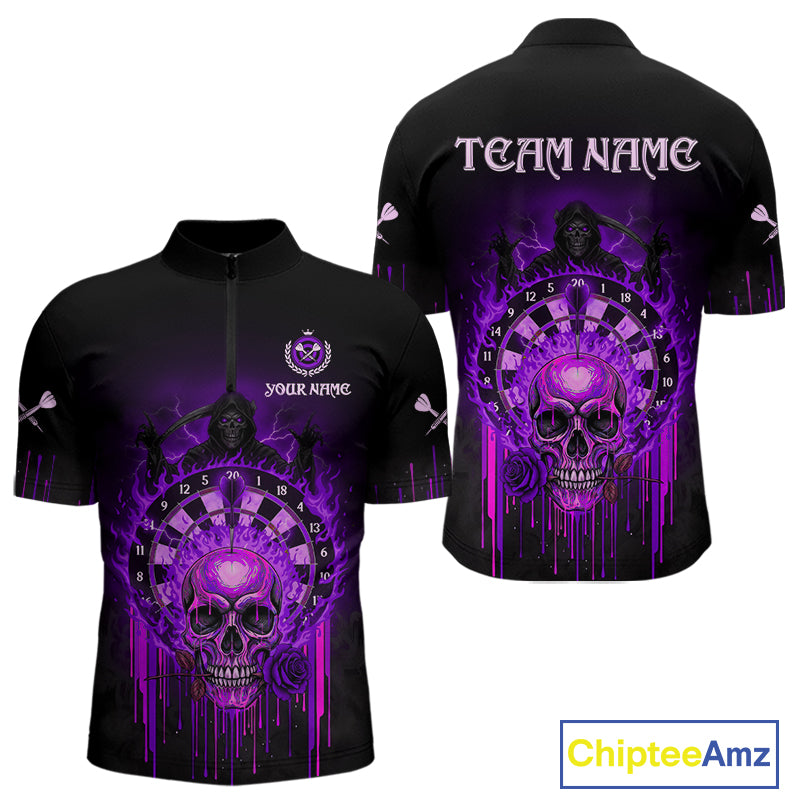 Custom Purple Flames Grim Reaper Dartboard Men Darts Polo Shirt Rose Skulls Darts Jersey NYN1976
